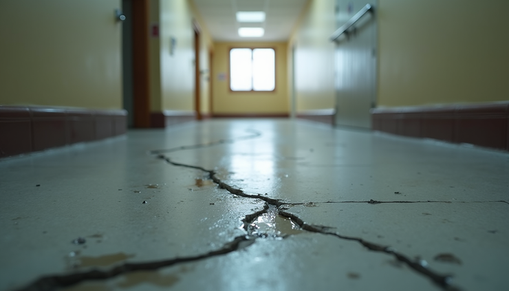 Eye-level view of a cracked concrete floor with visible water damage