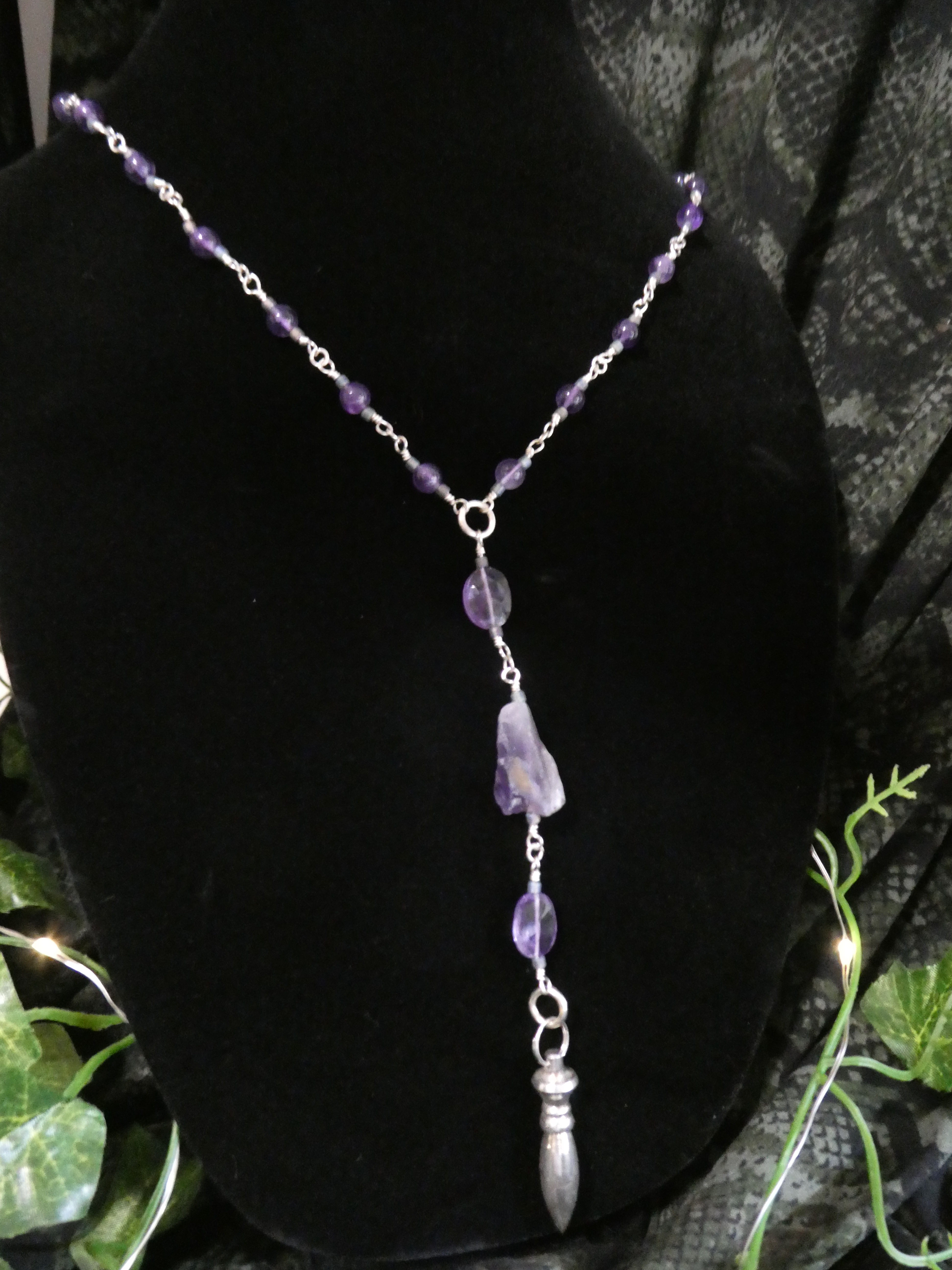 🔮 Handmade Amethyst Pendulum Necklace – Silver Wire Wrapped