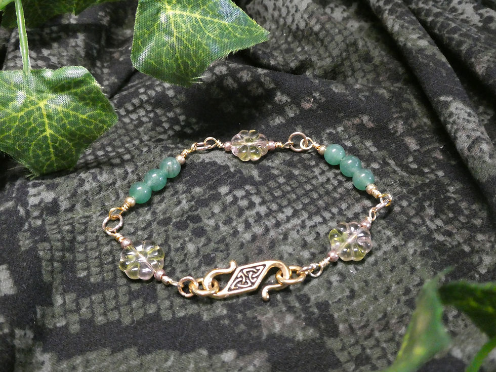 Thumbnail: 🌿 Green Aventurine & Pale Green Flower Bead Bracelet with Gold Wire