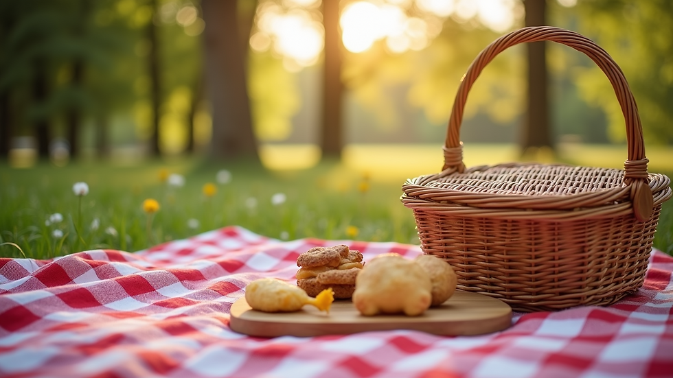Close-up view of a picnic blanket with a basket and snacks