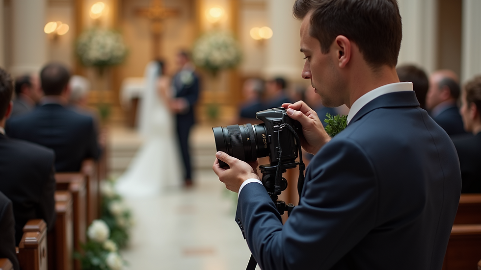 High angle view of a wedding photographer adjusting camera settings during a ceremony