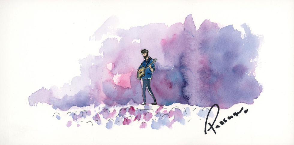 This beautiful watercolour sketch was painted live by Johanna Gousset during Passenger's concert in Belgium. This sketch was signed by the musician as I met him backstage. This style of illustration is a great and unique alternative to concert photography. We can see Mike Rosenberg playing in front of a big crowd.