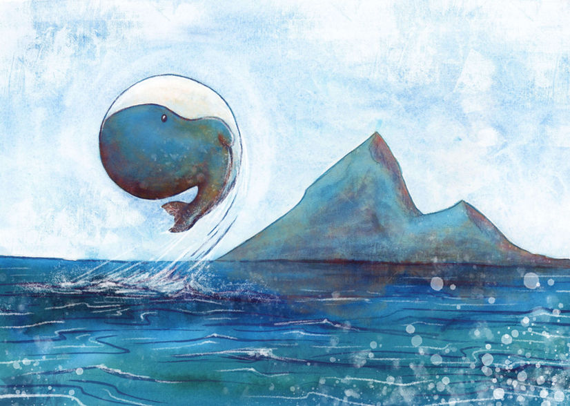 Image joyeuse à l'aquarelle d'une baleine mignonne qui saute dans l'eau.
