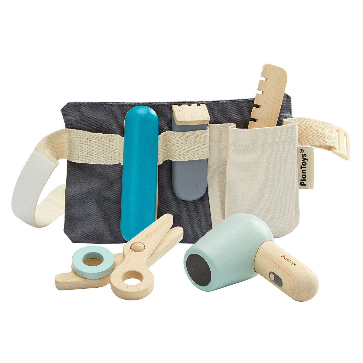 Front view of the PlanToys Hairdresser Set including a case and several hair tools