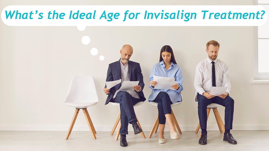 3 people sitting in chairs thinking with a thought bubble above their heads that says "what's the ideal age for Invisalign Treatment?"