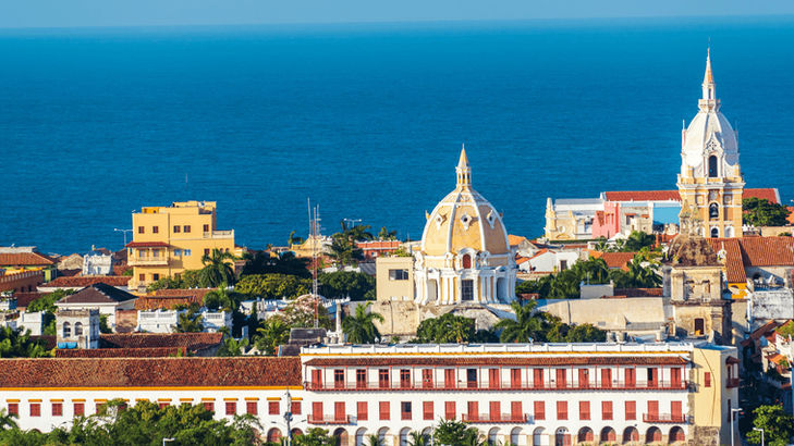 Cartagena old town with colonial architecture beside the blue Caribbean Sea.