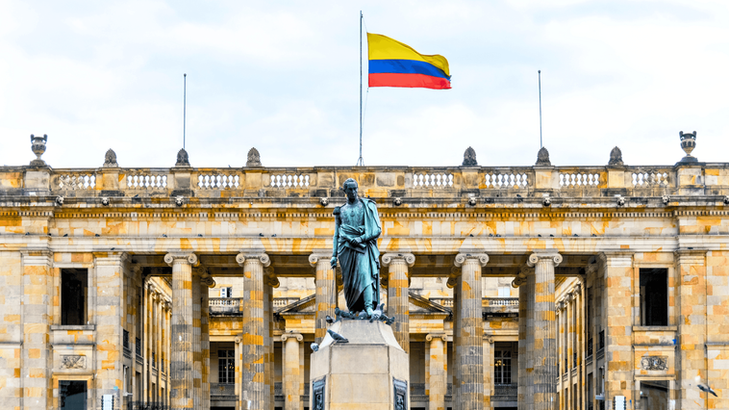 Historic government buildings at Plaza Bolívar in Bogotá, Colombia.