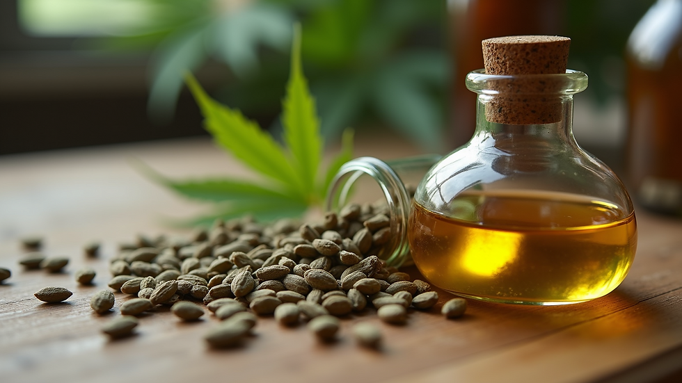 Eye-level view of cannabis seeds and oil on a wooden surface