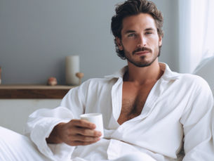 Handsome man, dressed in a white cotton shirt and trousers, sitting, looking relaxed. Male orgasms help men relax.