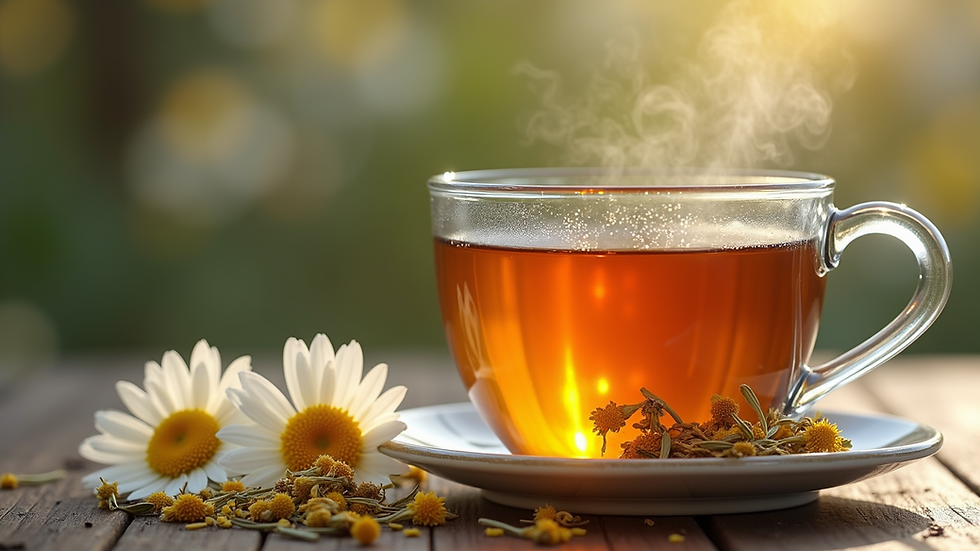 Wide angle view of herbal tea and dried chamomile flowers
