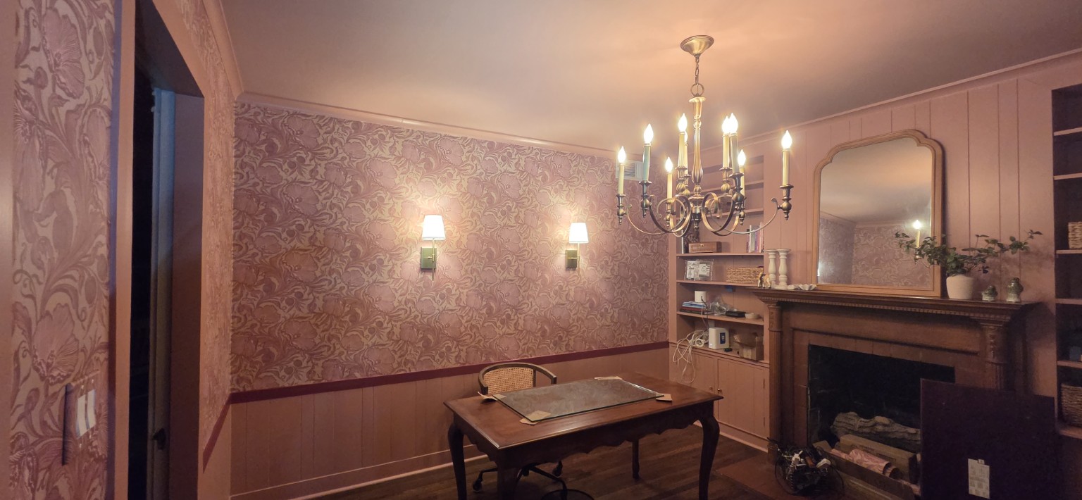 Rose-Toned Home Office. An allover floral wallpaper creates a warm, traditional office.