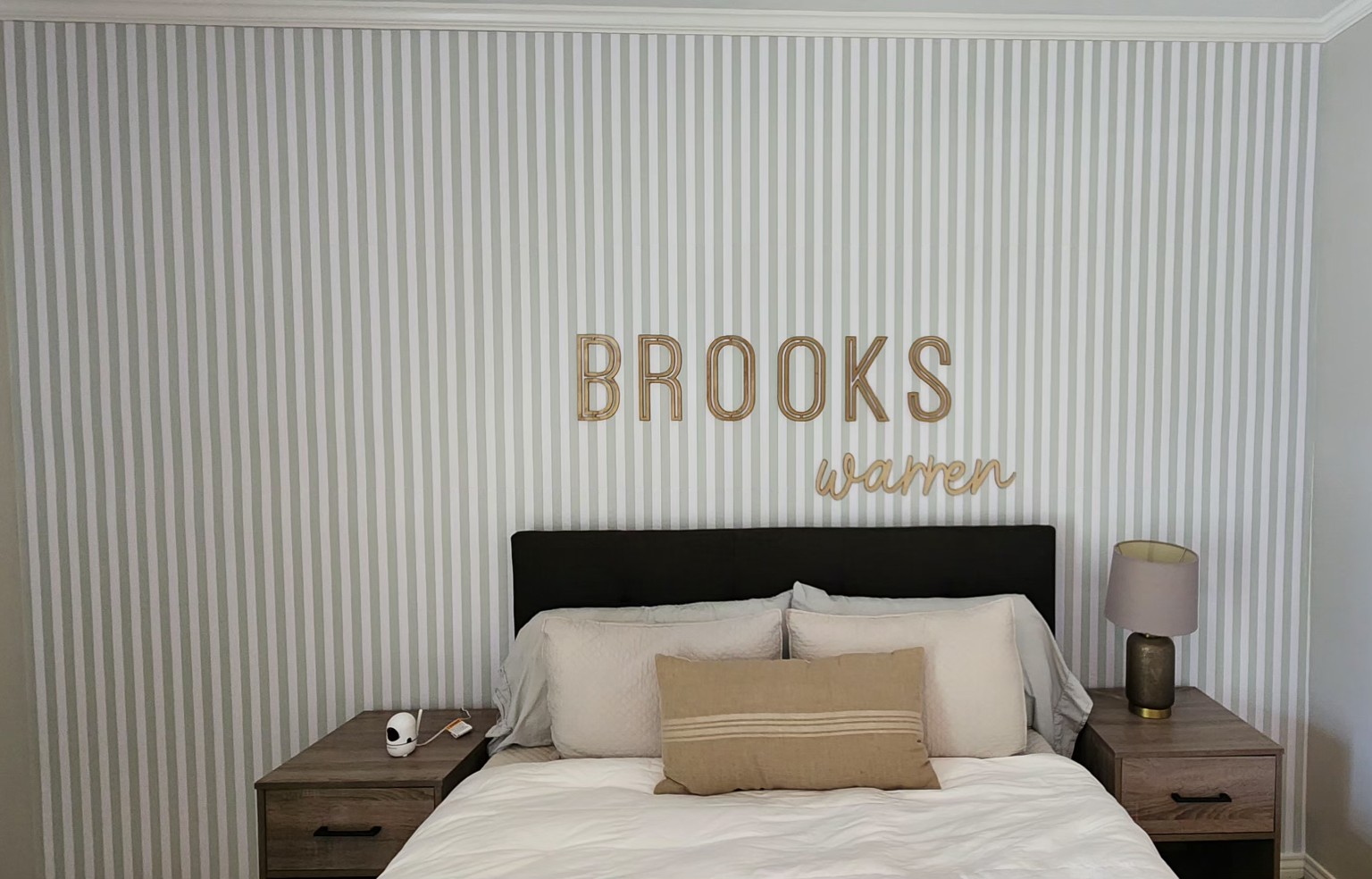 Classic Striped Bedroom Accent. Crisp stripes add structure to a bedroom accent wall.