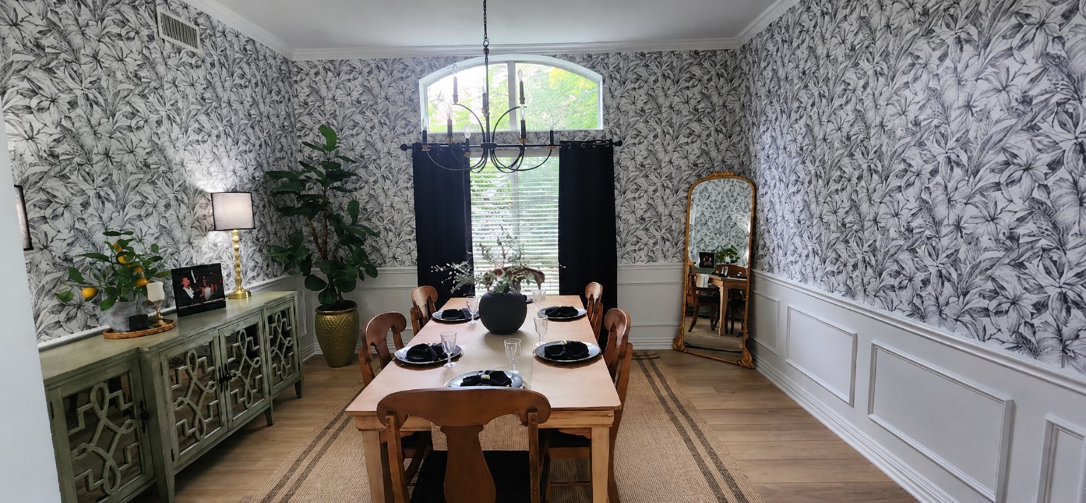 Where It All Began: Mary’s Dining Room. The floral dining-room wallpaper Mary installed herself two years ago—the project that inspired Wall Candy Designs.