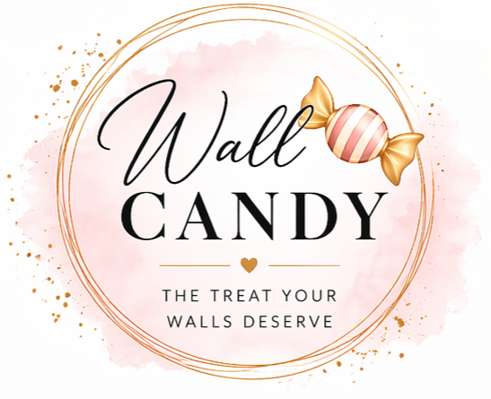 Wall Candy Designs official logo with pink watercolor and brass candy illustration