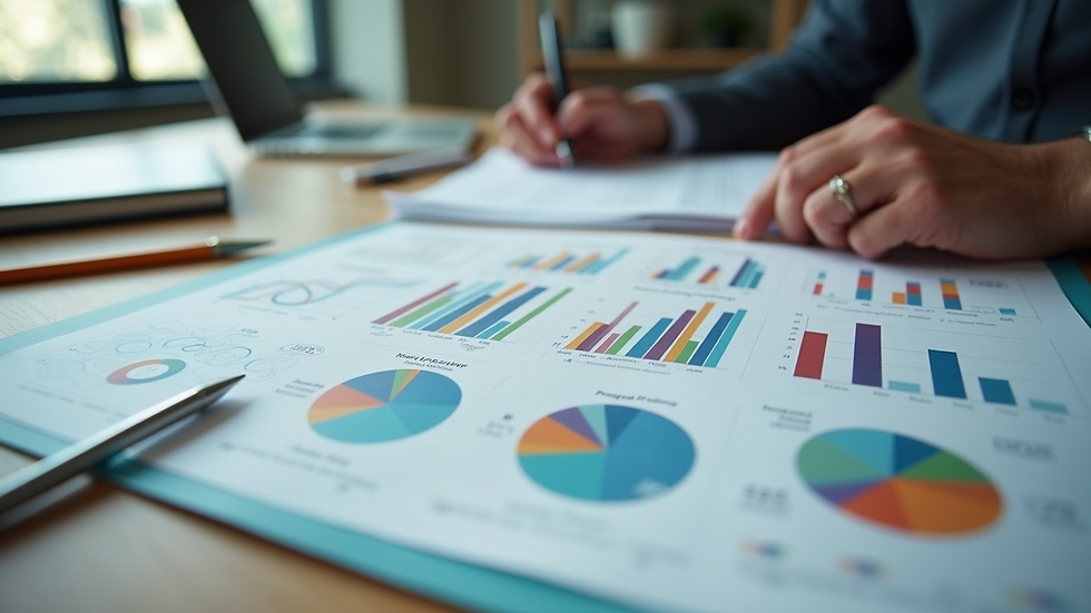 Eye-level view of a modern office workspace with marketing strategy charts