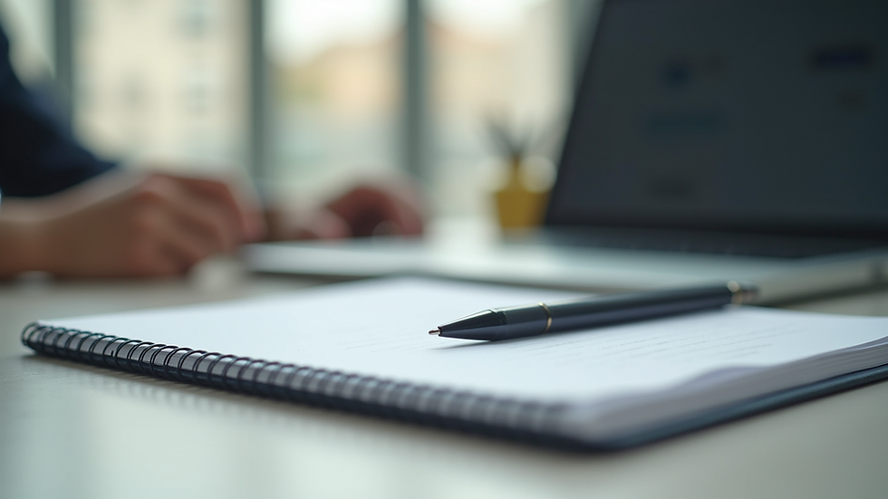 Eye-level view of a modern office desk with a notebook and pen