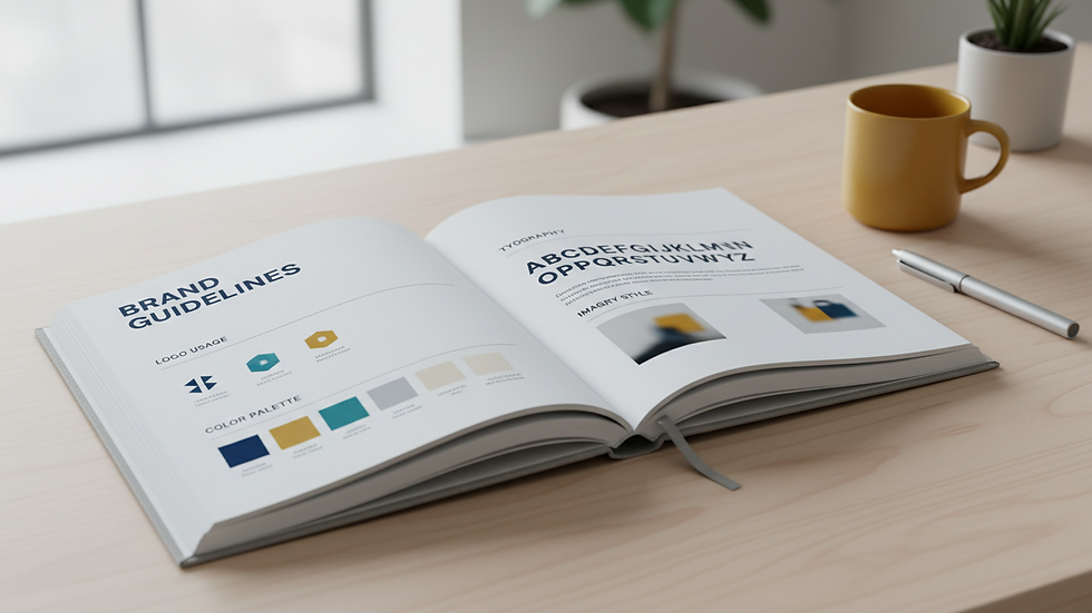 Close-up view of a brand style guide book open on a desk