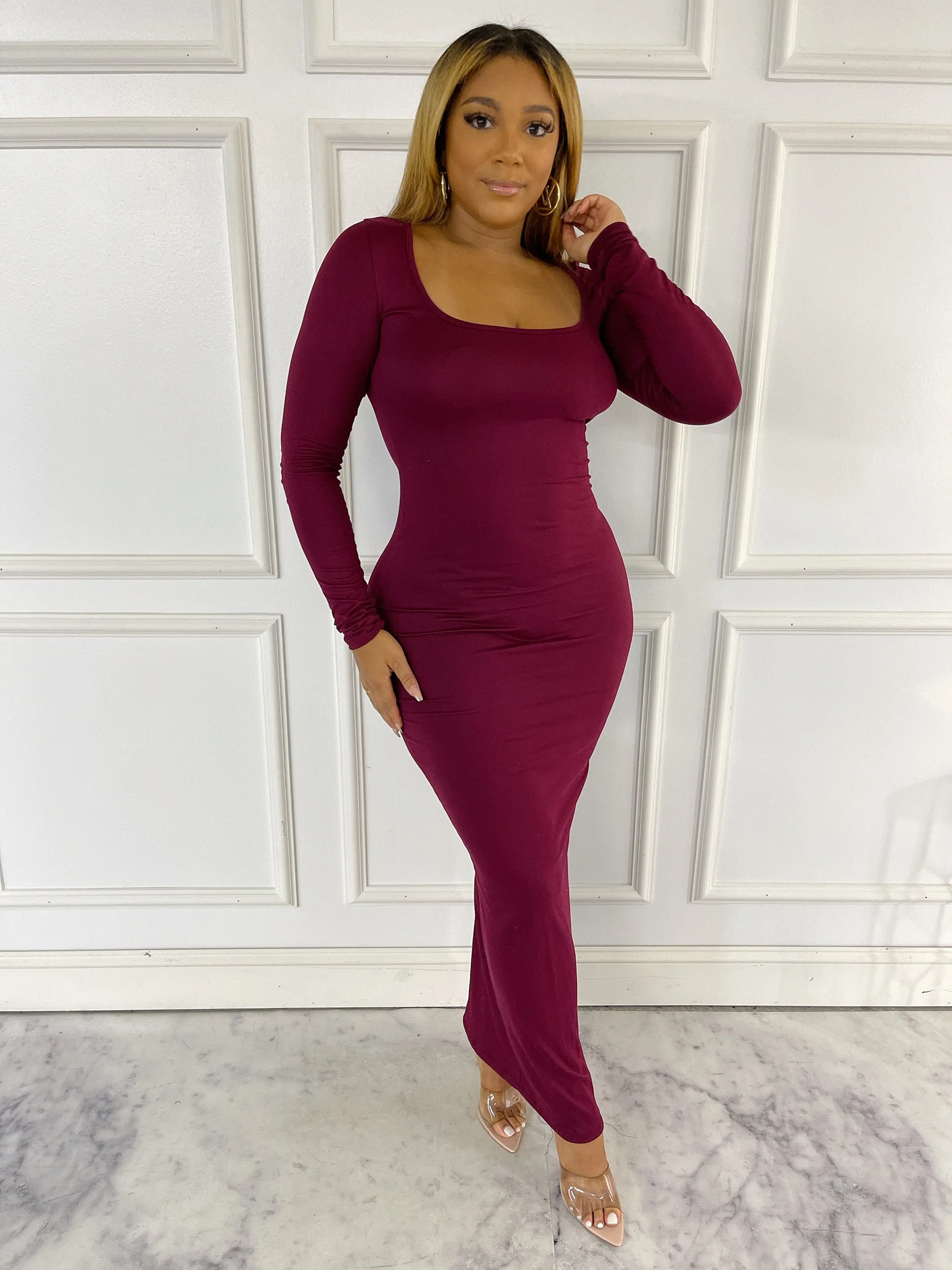 BURGUNDY LONG FITTED DRESS PLUS Huskychicboutique