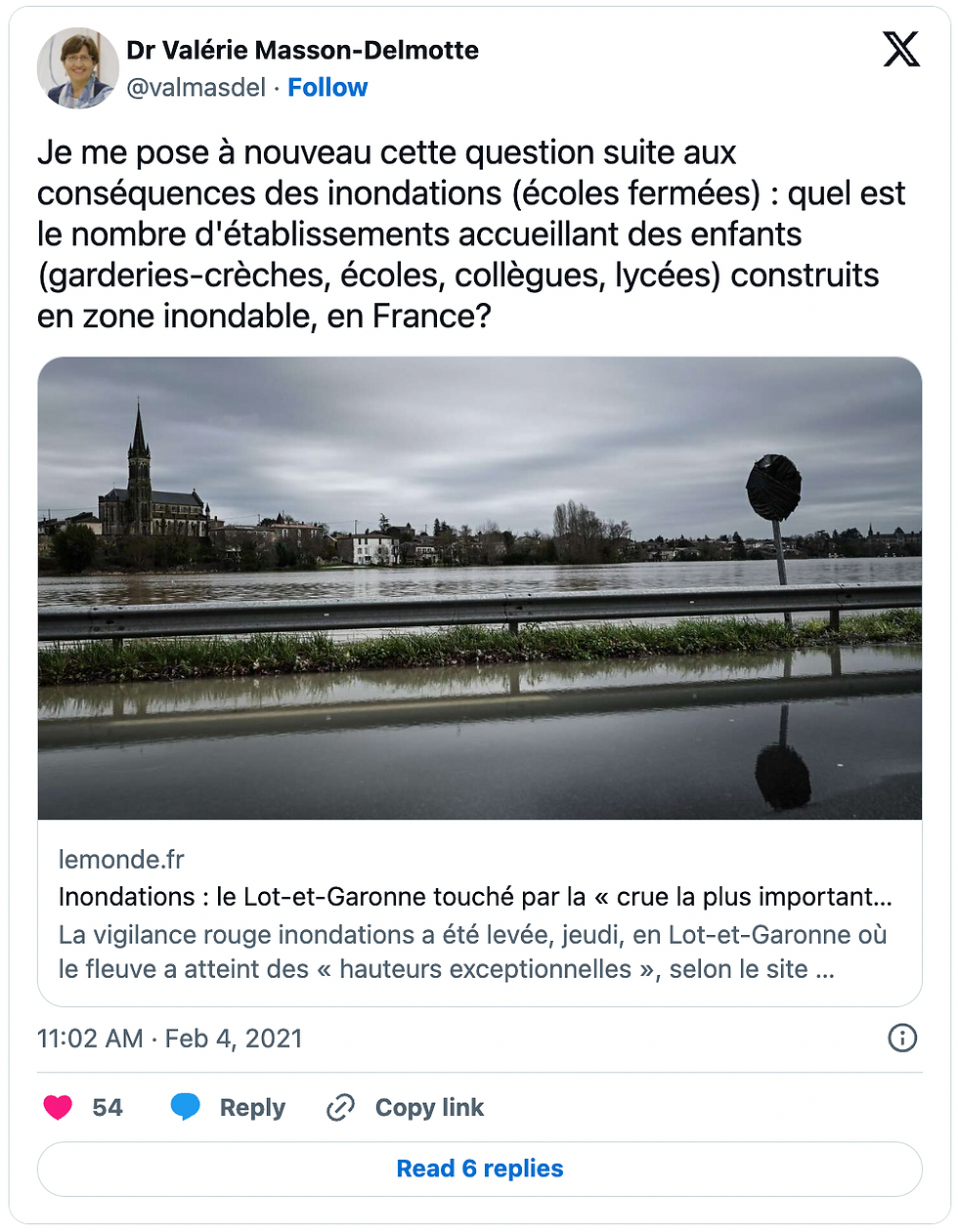 Tweet Valérie Masson-Delmotte, combien d'écoles françaises sont en zones inondables ? Février 2021