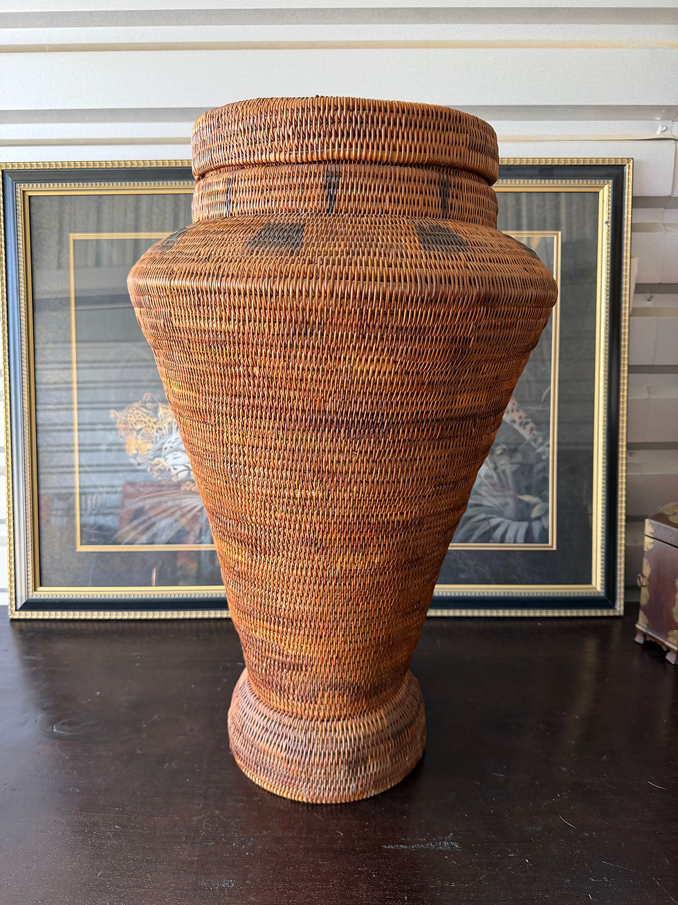 Thumbnail: Large Handwoven Rattan Floor Vase with Removable Lid | Vintage Storage Decor