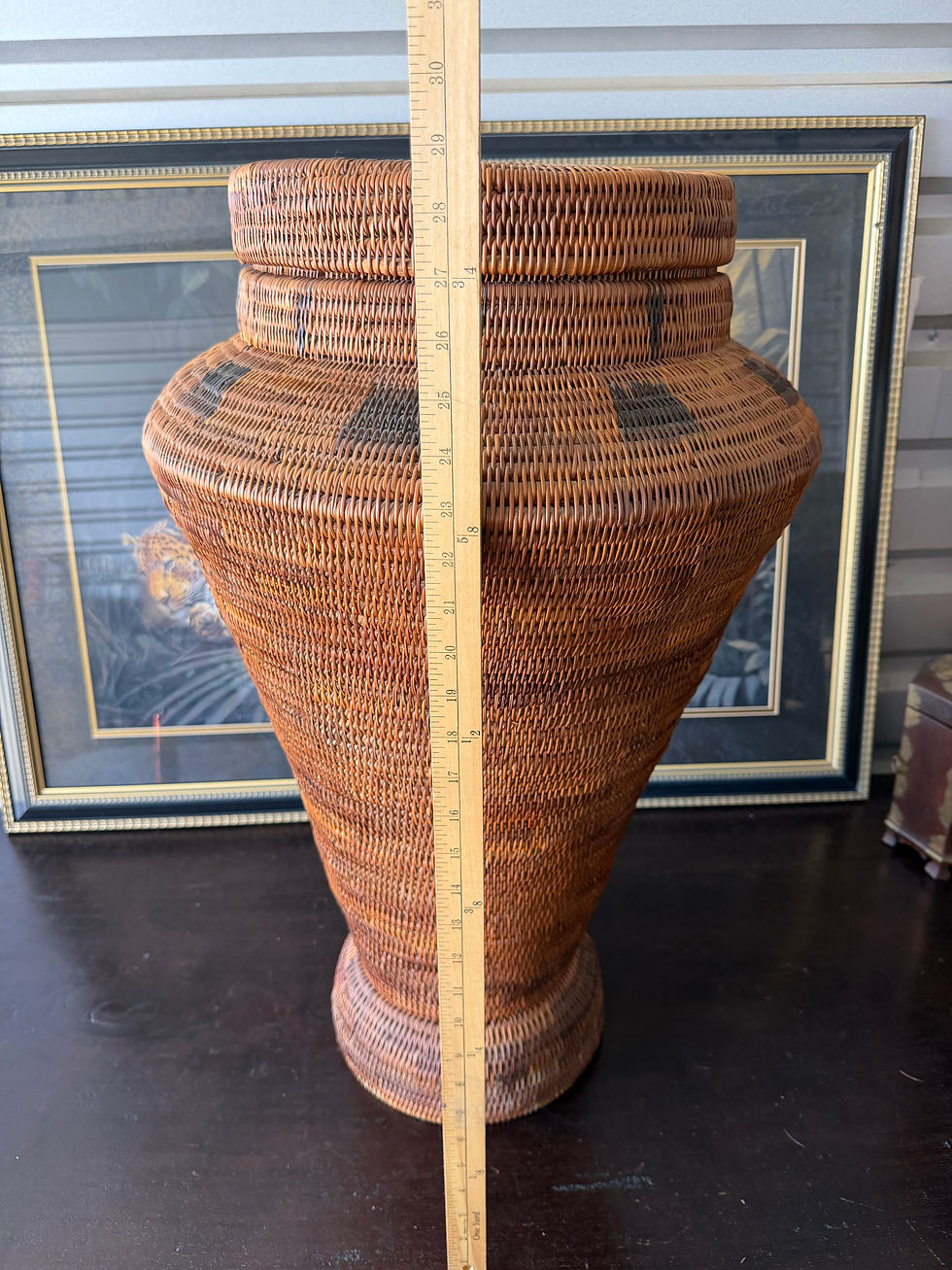 Thumbnail: Large Handwoven Rattan Floor Vase with Removable Lid | Vintage Storage Decor