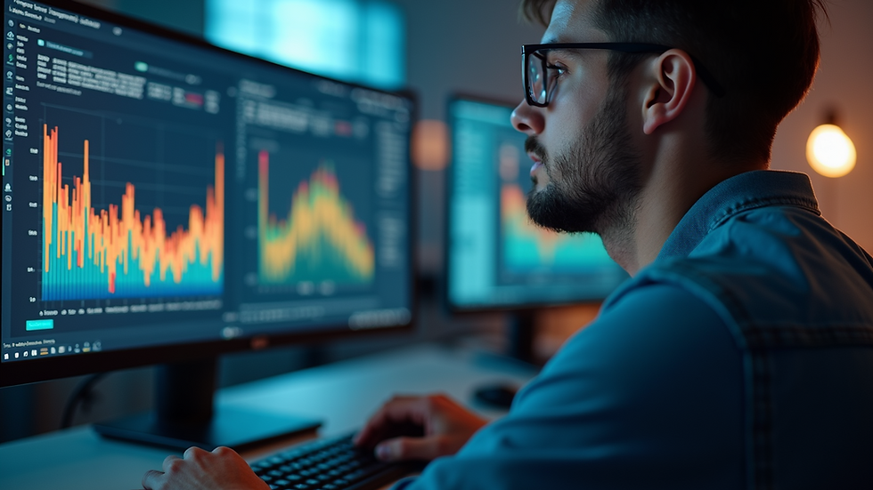 Close-up view of a database administrator analyzing performance metrics on a computer screen