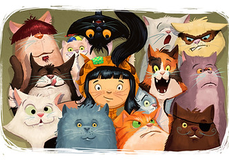 Girls with many cats.