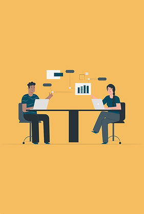 Illustration of two people sitting at a table discussing ideas