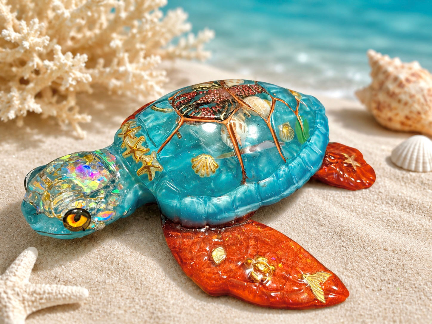 large handmade resin sea turtle decor blue shell orange fins beach ocean theme
