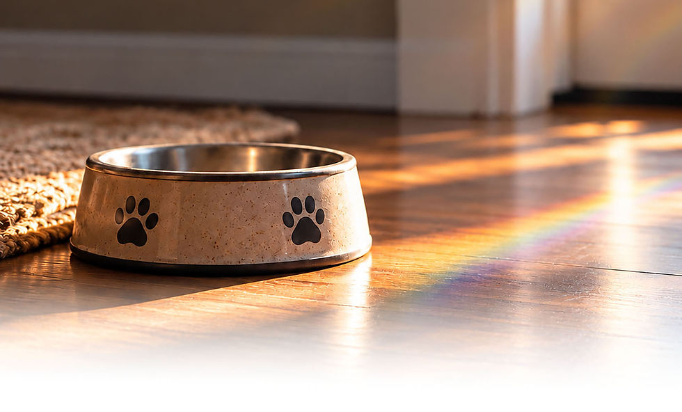 Empty pet food bowl with a hint of rainbow signifying pet loss.