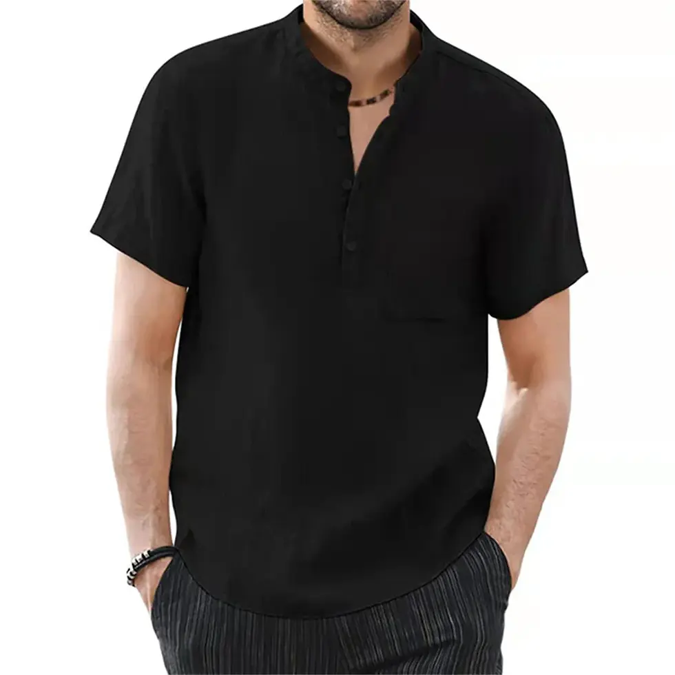 Küçük resim: Men's Short Sleeve T-Shirt Cotton and Linen Casual Men T-Shirts Solid Color