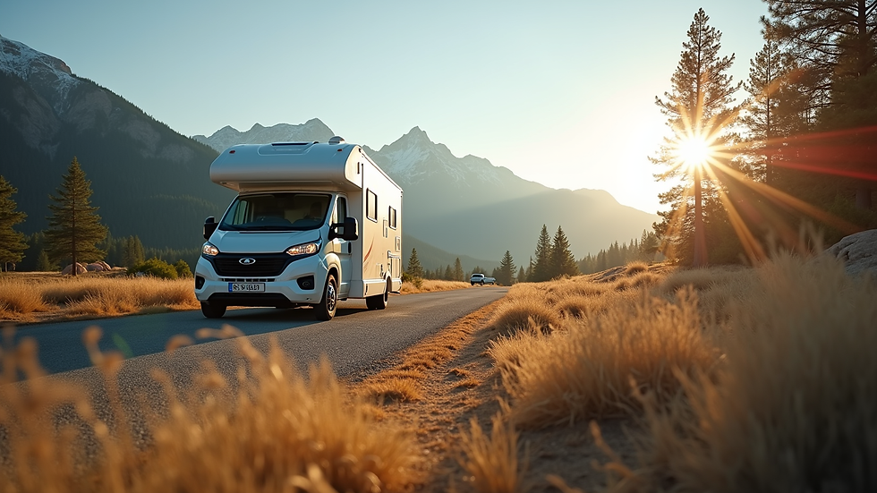 Eye-level view of an RV parked at a scenic campground with mountains in the background