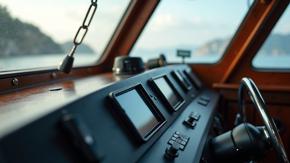 Eye-level view of a well-equipped boat dashboard with safety gear