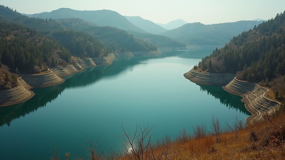 High angle view of a community water reservoir with limited water levels