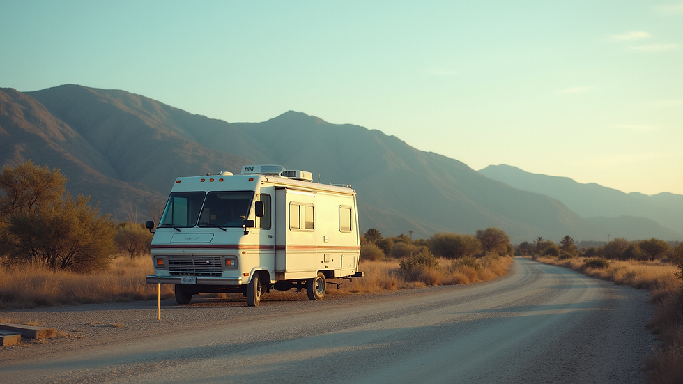 Wide angle view of an RV parked at a scenic rest stop with mountains in the background