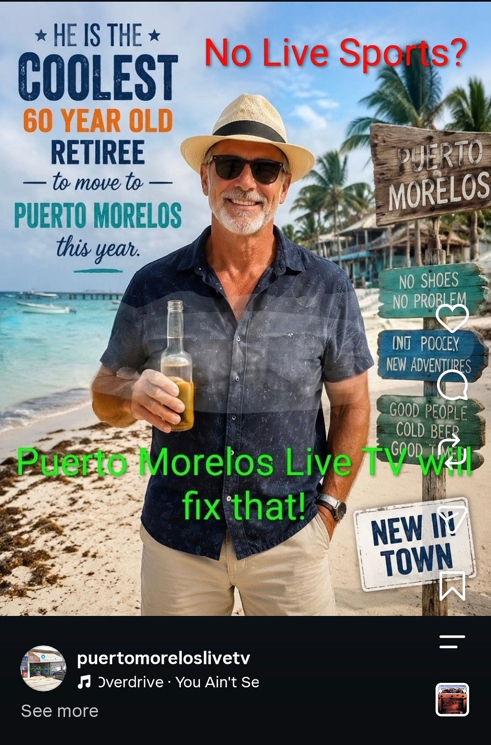 Instagram promo showing a smiling retiree in Puerto Morelos