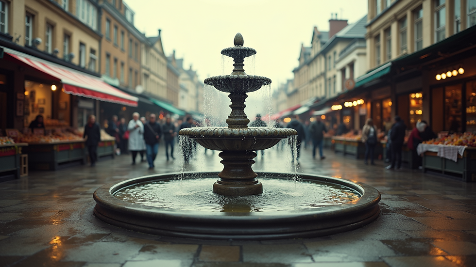 Wide angle view of Neptune’s Fountain in the bustling Long Market