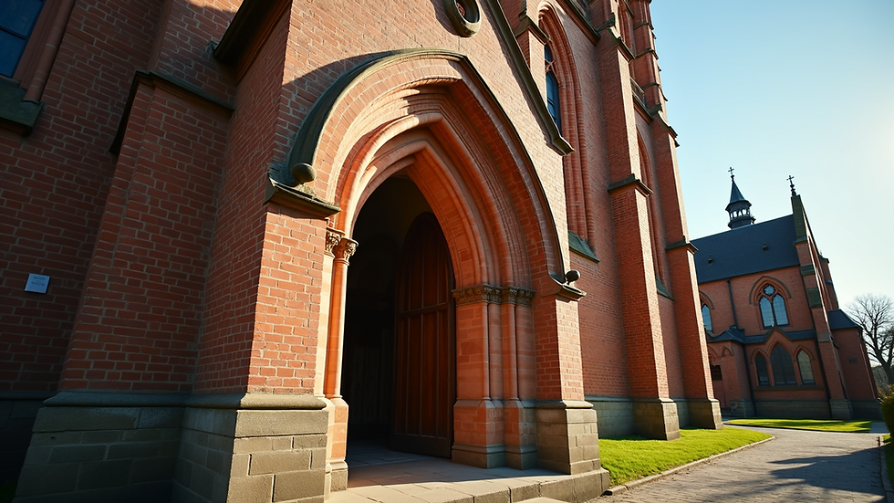 Eye-level view of St. Mary’s Church's intricate brick façade