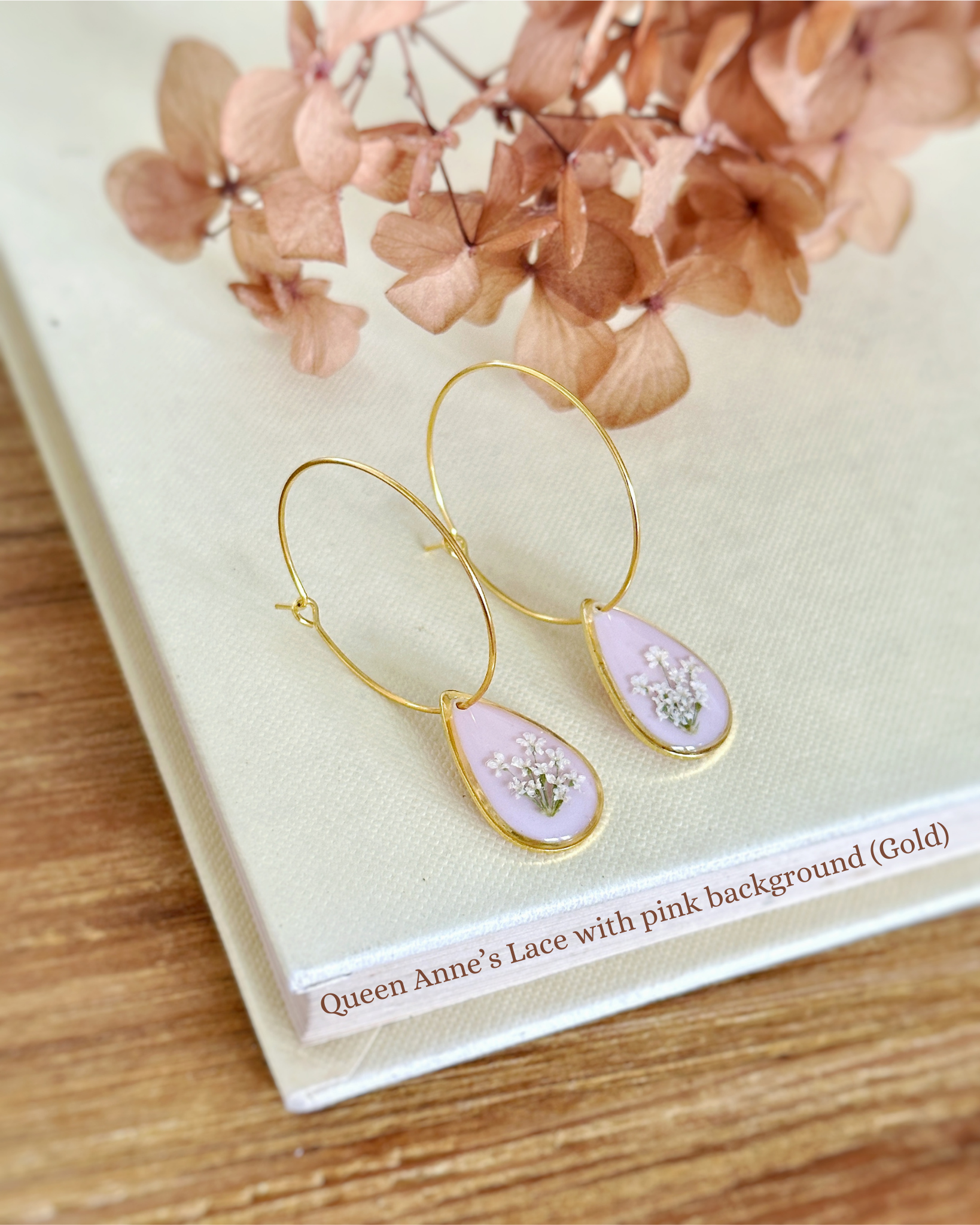 Gold Teardrop with hoop - Queen Anne's Lace (Pink)