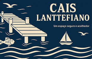 Ilustração náutica em estilo vintage com um cais, um barco e uma casa à beira-mar, representando o “Cais Lanttefiano”