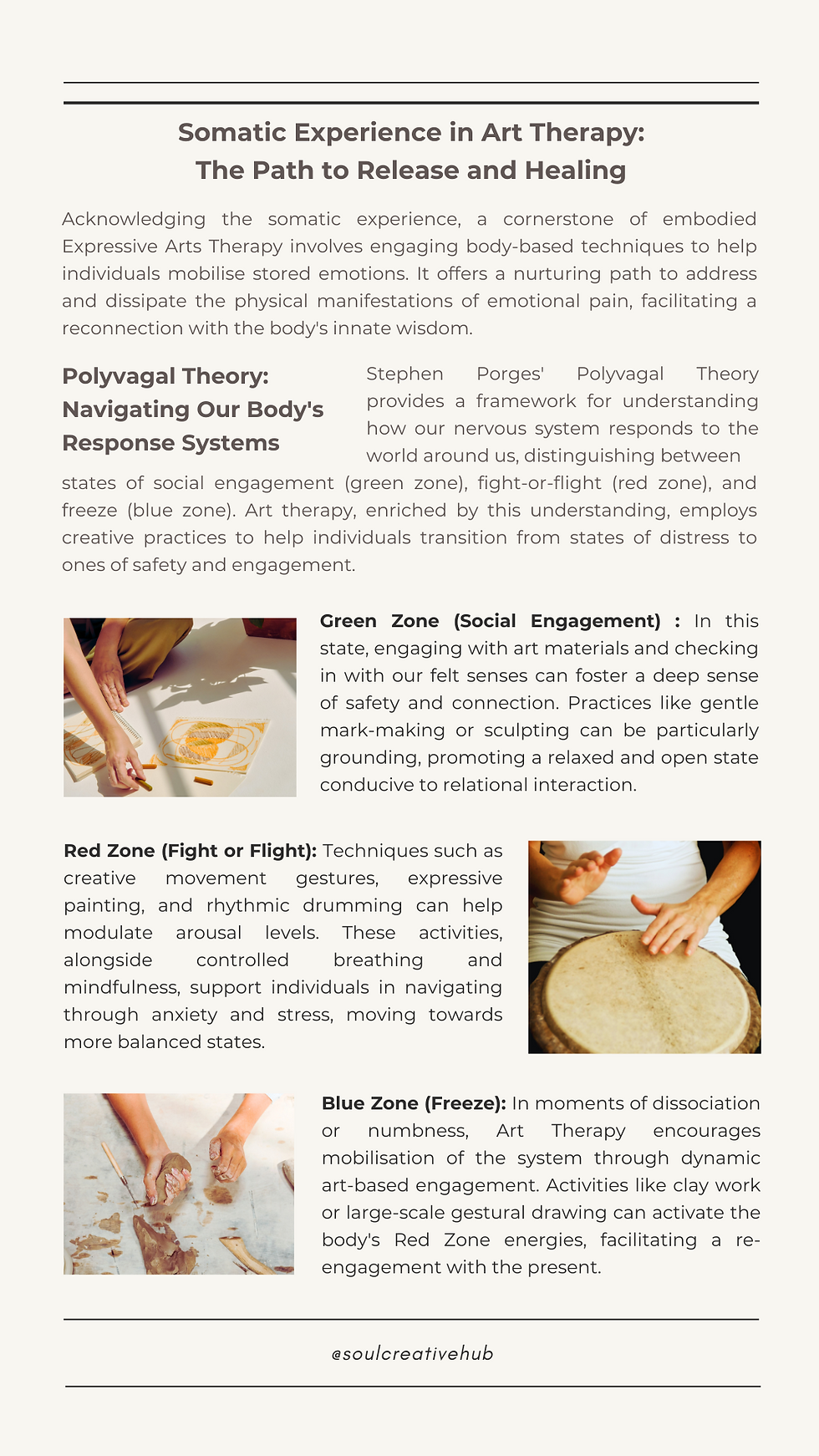 Art Therapy blog about somatic experience with a person drawing, another playing djembe drum, and one making with clay