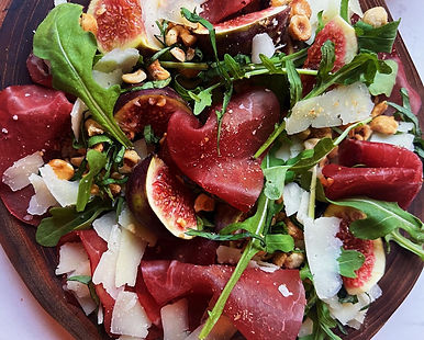 Bresaola Carpaccio with figs, aged sheep cheese, basil