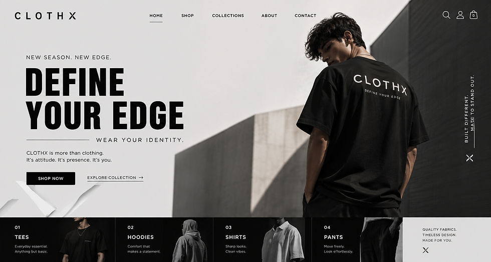 Fashion website hero for CLOTHX with model in black tee, bold Define Your Edge headline, shop now buttons, and tees/hoodies/shirts/pants.
