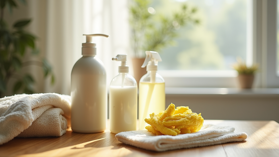 Close-up view of eco-friendly cleaning supplies on a wooden countertop