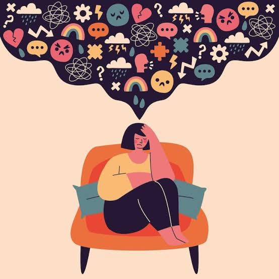 Illustration of a person sitting on an orange couch with colorful thought icons above their head.