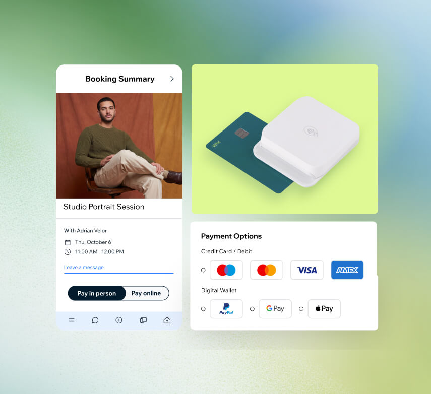 Wix booking summary for a studio portrait session with flexible payment options including credit cards, PayPal, Google Pay, and Apple Pay