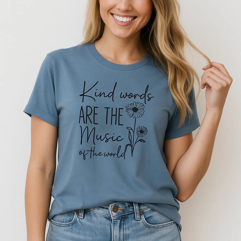 Kind Words Music t-shirt with an inspirational message and floral design.