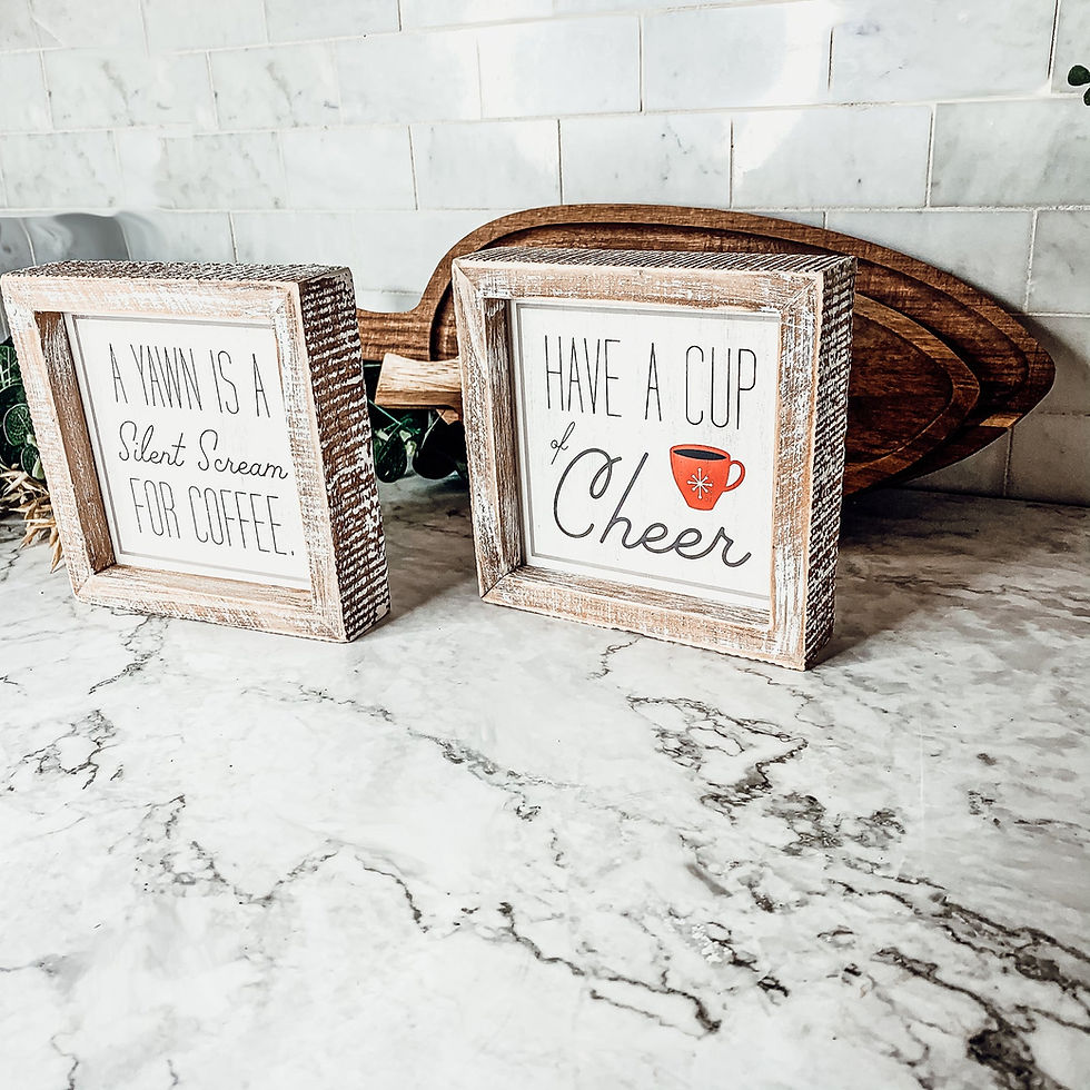 Thumbnail: Double-sided wooden sign with “Cup of Cheer” and “A Yawn is a Silent Scream for Coffee” – coffee bar decor