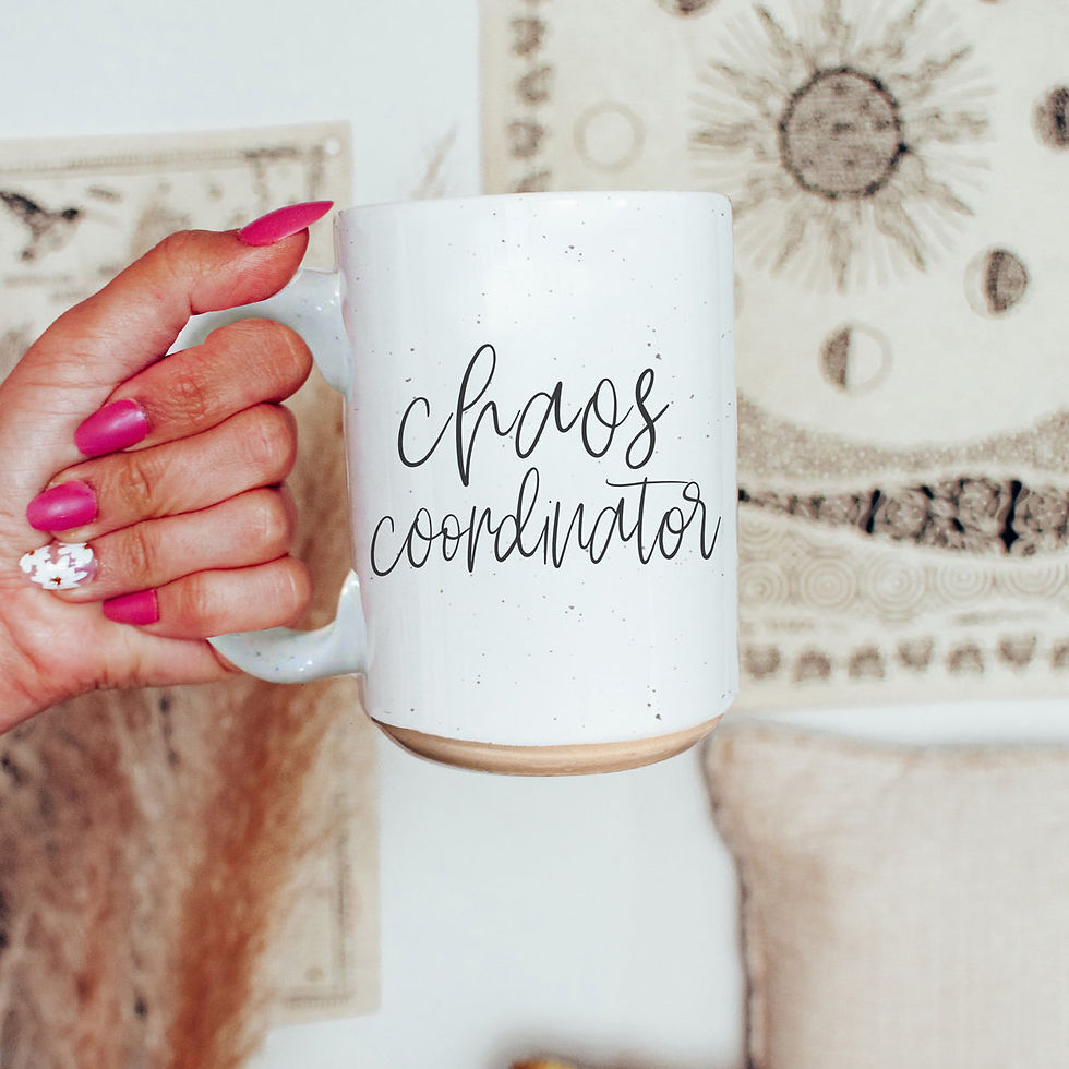 Thumbnail: Chaos 16oz ceramic mug with playful text and a modern, minimalist design.