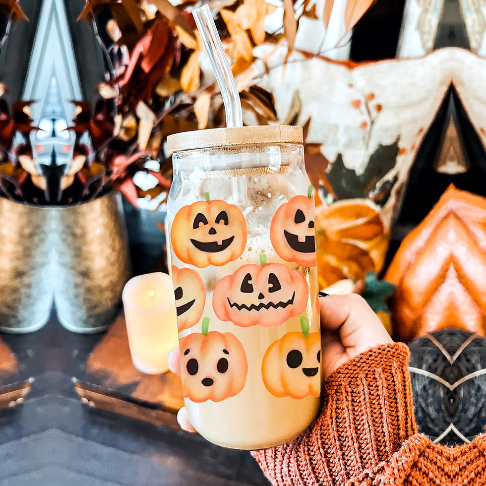 Thumbnail: Pumpkins 20oz glass cup with autumn pumpkin design, bamboo lid, and included stainless steel straws.